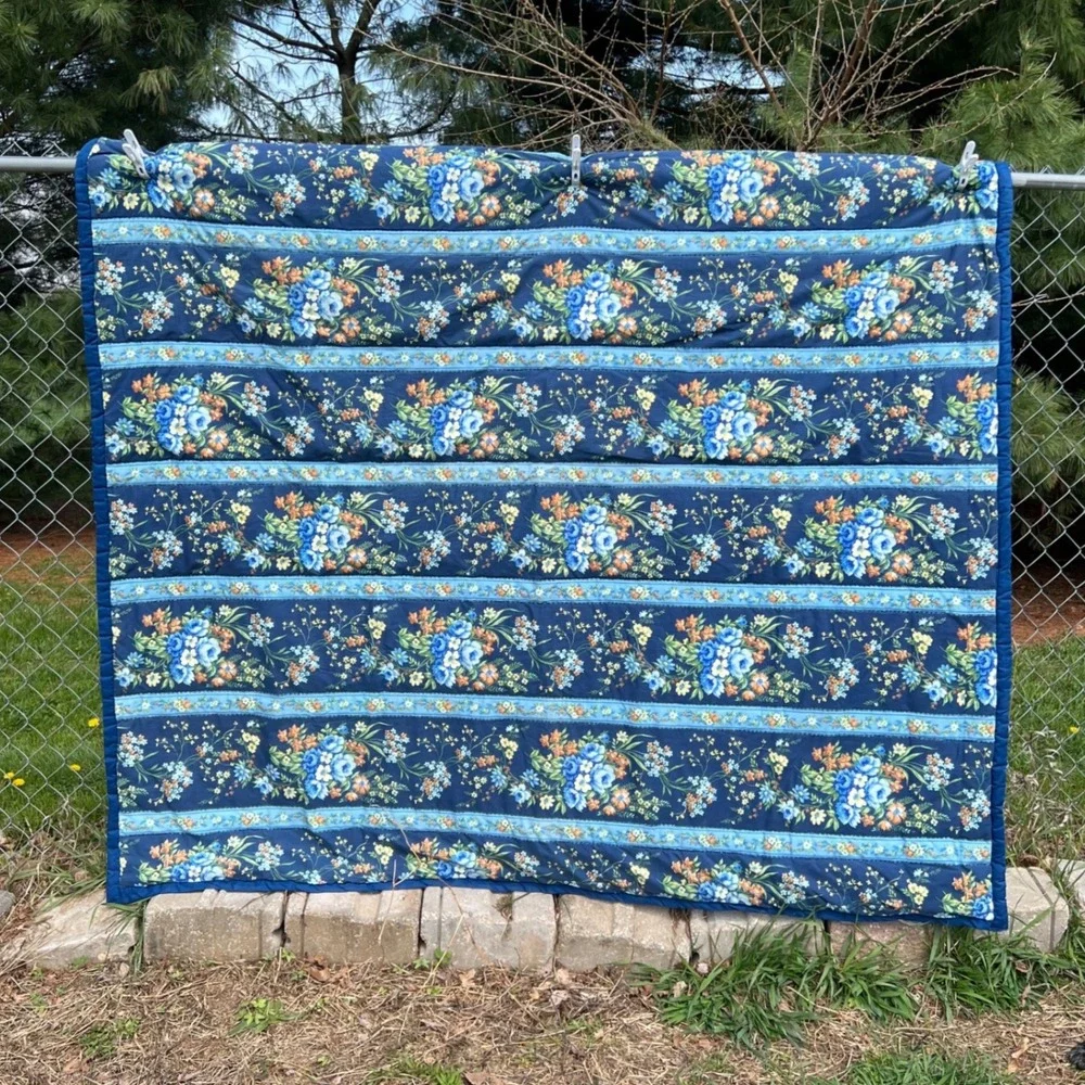 Vtg Handmade Quilt 78x82 Blue Floral Cottagecore Hand Stitched Cotton Full Queen